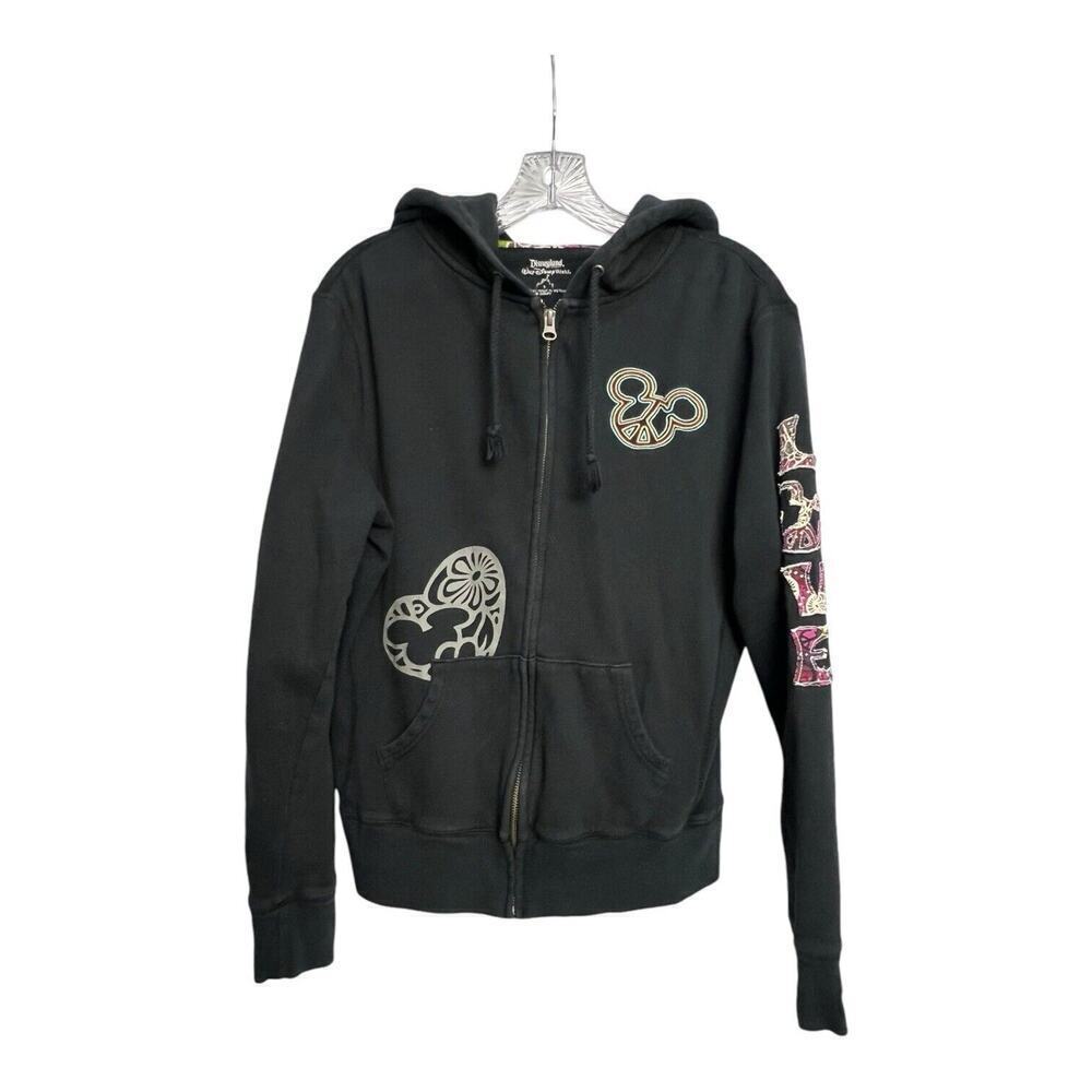 Disney Parks Mickey Mouse Jacket Hoodie Womens Large Full Zip Embroidered Black